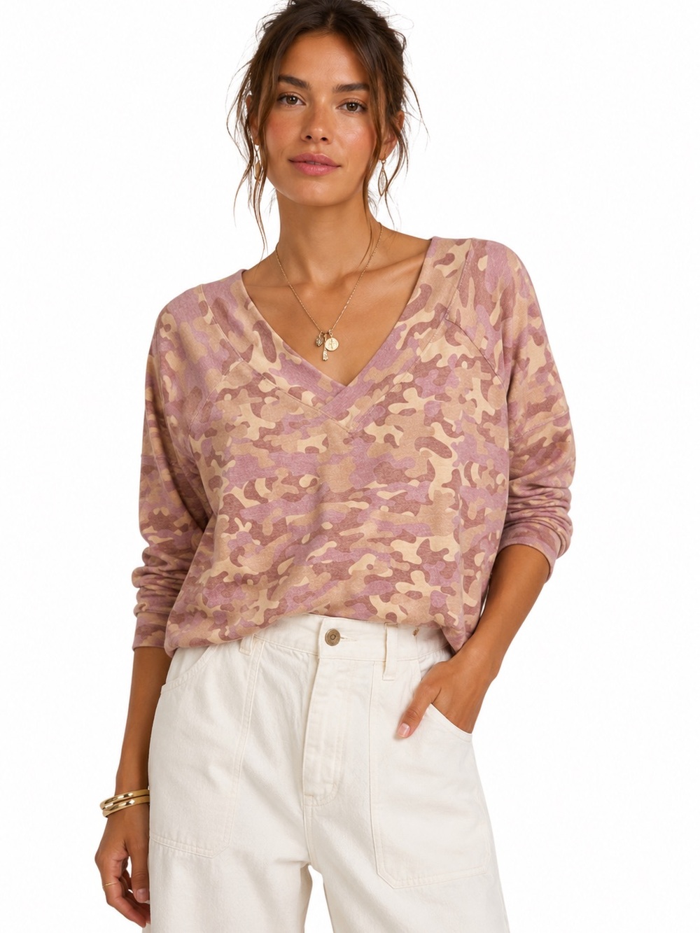 Peaceful Warrior Super Soft Purple Camo Off Shoulder Sweater